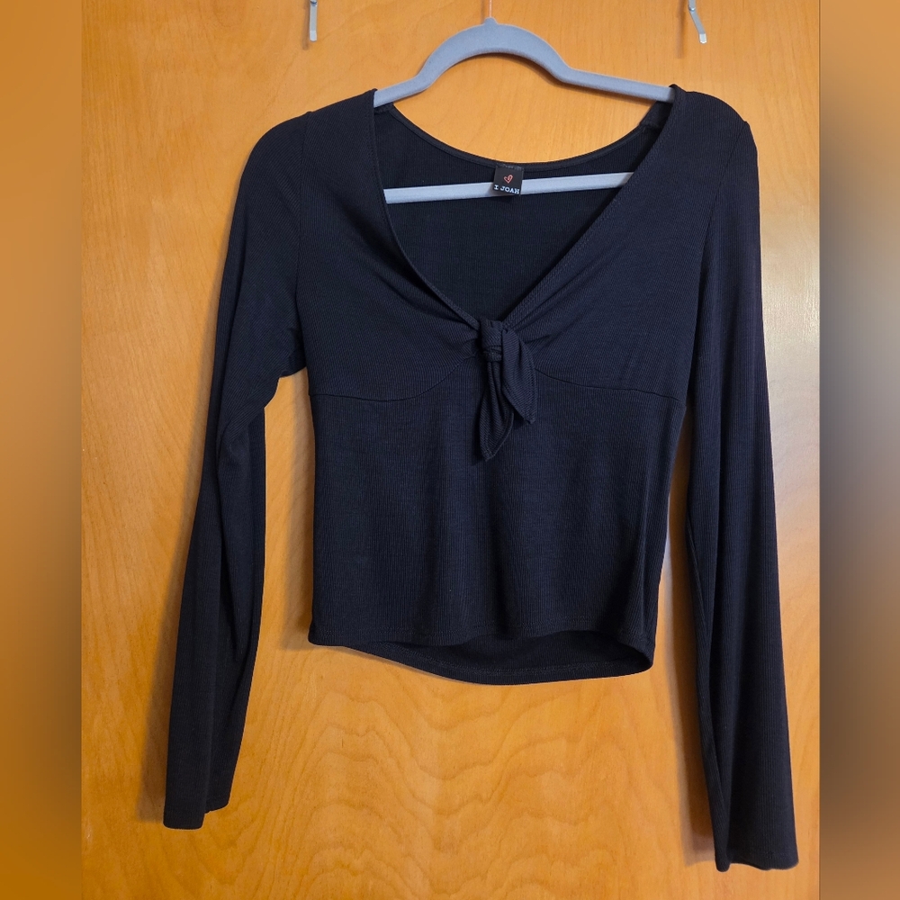 Elegant Black Long Sleeve Tie-Front Top